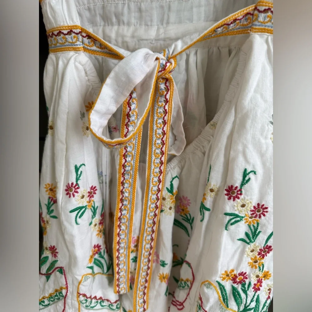 Anthropologie Deep V White Cotton Dress with Colorful Floral Embroidery • L - Picture 9 of 17